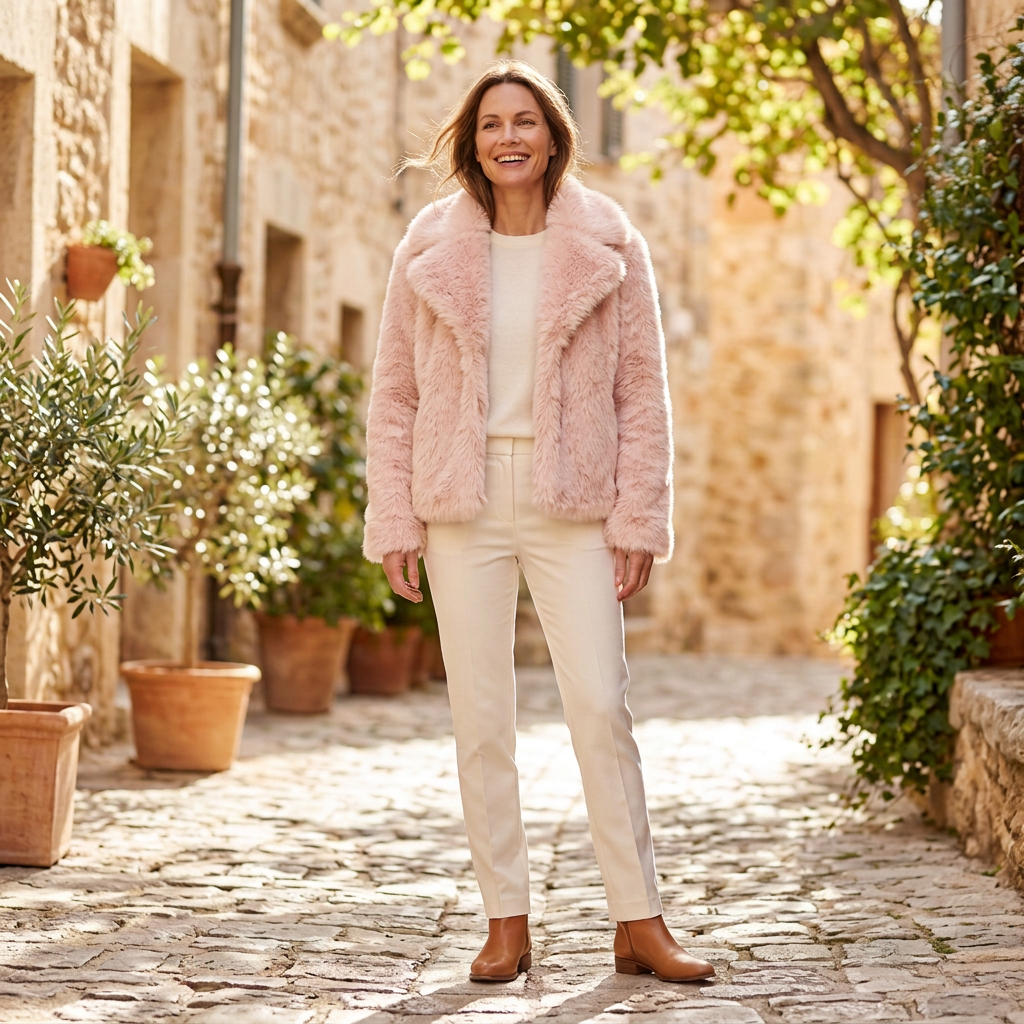 Women's Winter Jacket | Cropped Faux Fur Open Front Light Pink front view