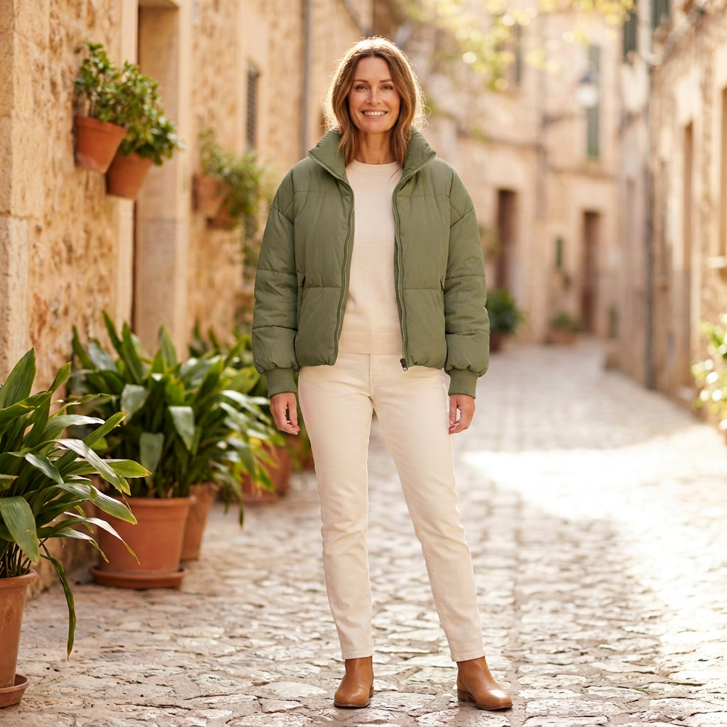 Women's Winter Jacket | Cropped Puffer Quilted Stand Collar Green front view