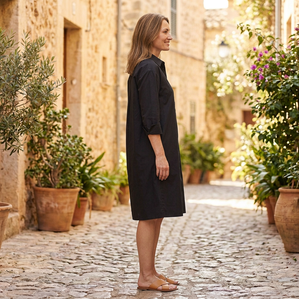 Women's Shirt Midi Dress | Collared A Line Button Up Black side view
