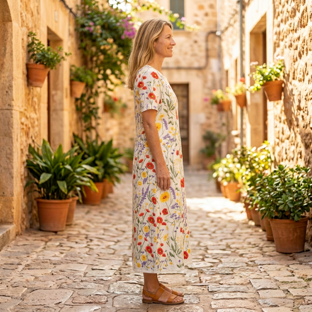 Women's Midi Dress | Floral Embroidered Round Neck Short Sleeve White side view