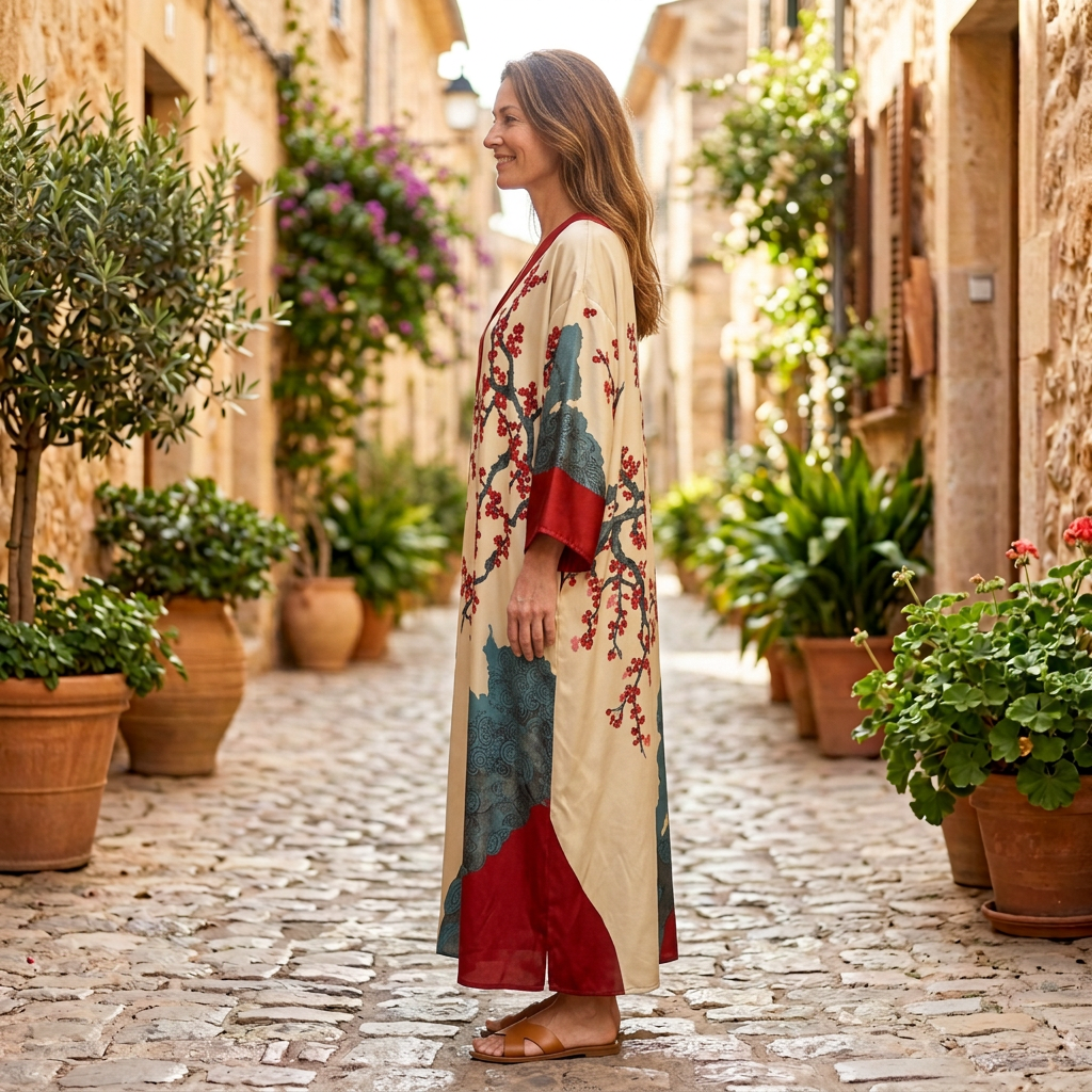 Women's Maxi Dress | Red Floral Branch Batwing V-Neck Red side view