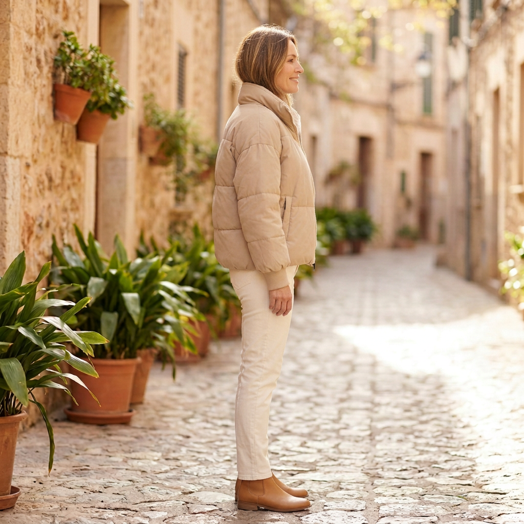 Women's Winter Jacket | Cropped Puffer Quilted Stand Collar Khaki side view