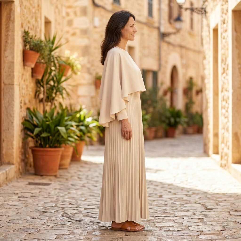 Women's Maxi Dress | Pleated Cape Overlay Long Sleeve Beige side view