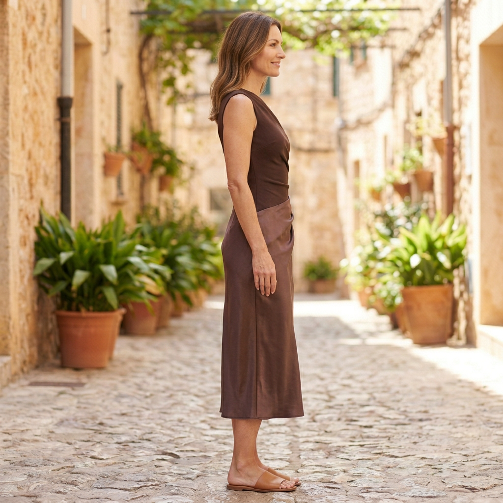 Women's Maxi Dresses | One Shoulder Satin Ruched Dark Brown side view