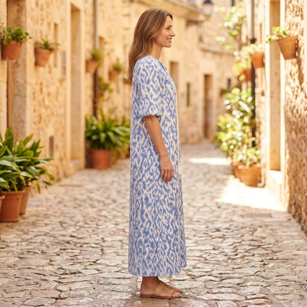 Women's Maxi Dresses | Boho Print V-Neck Flutter Sleeve Blue side view