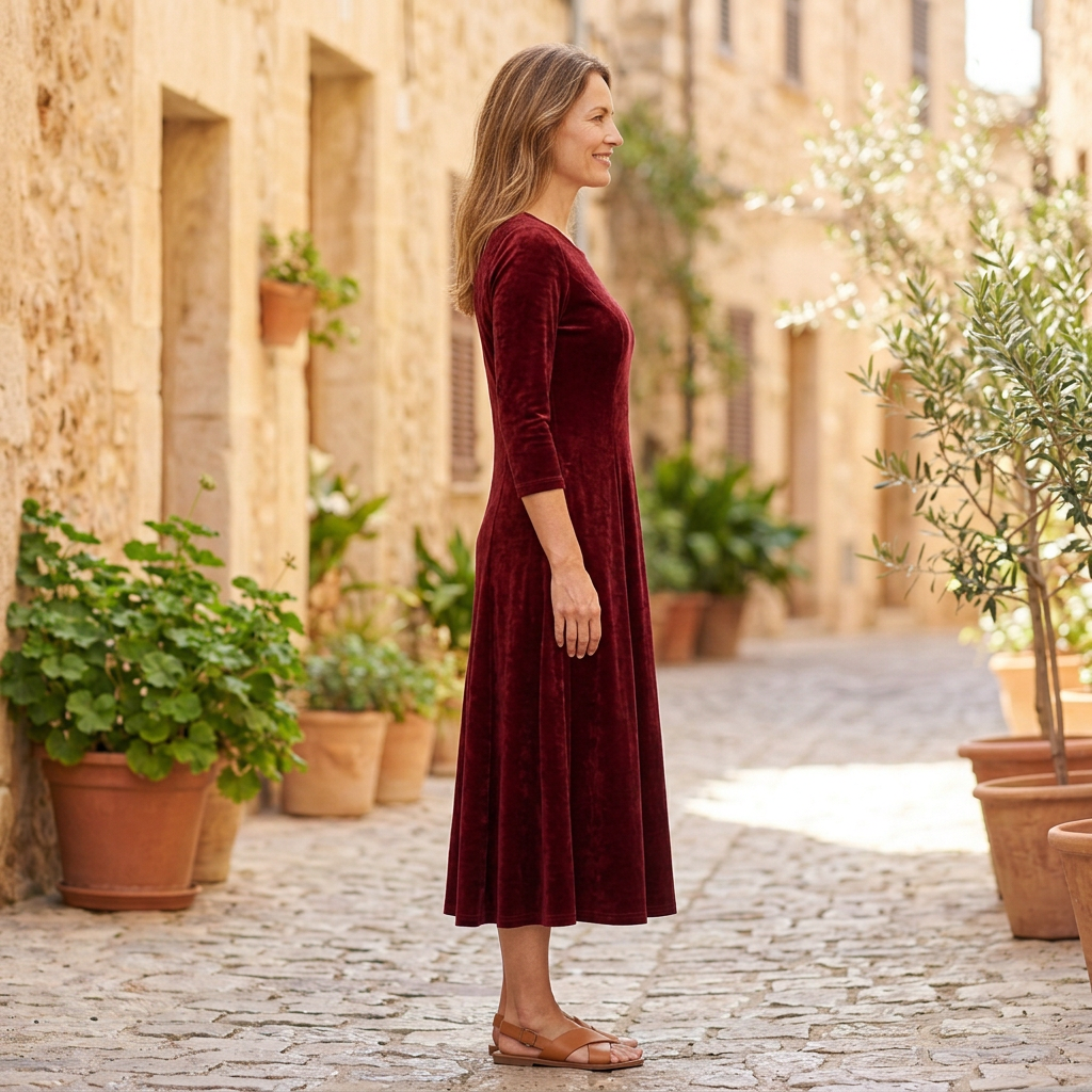Women's Maxi Dresses | Velvet Long Sleeve A Line Scoop Neck Red side view