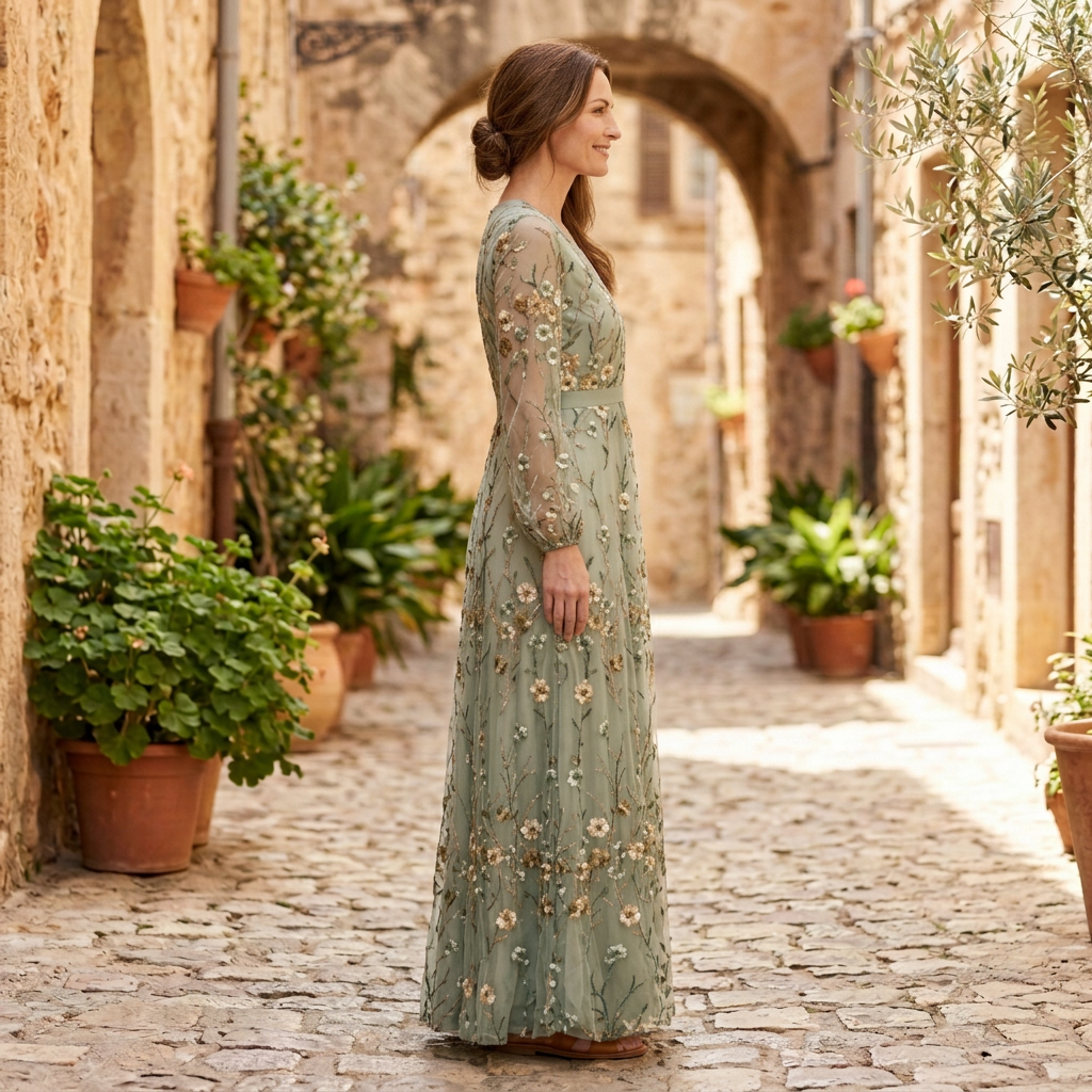 Women's Maxi Dress | Floral Kimono Sleeve V-Neck Blue side view
