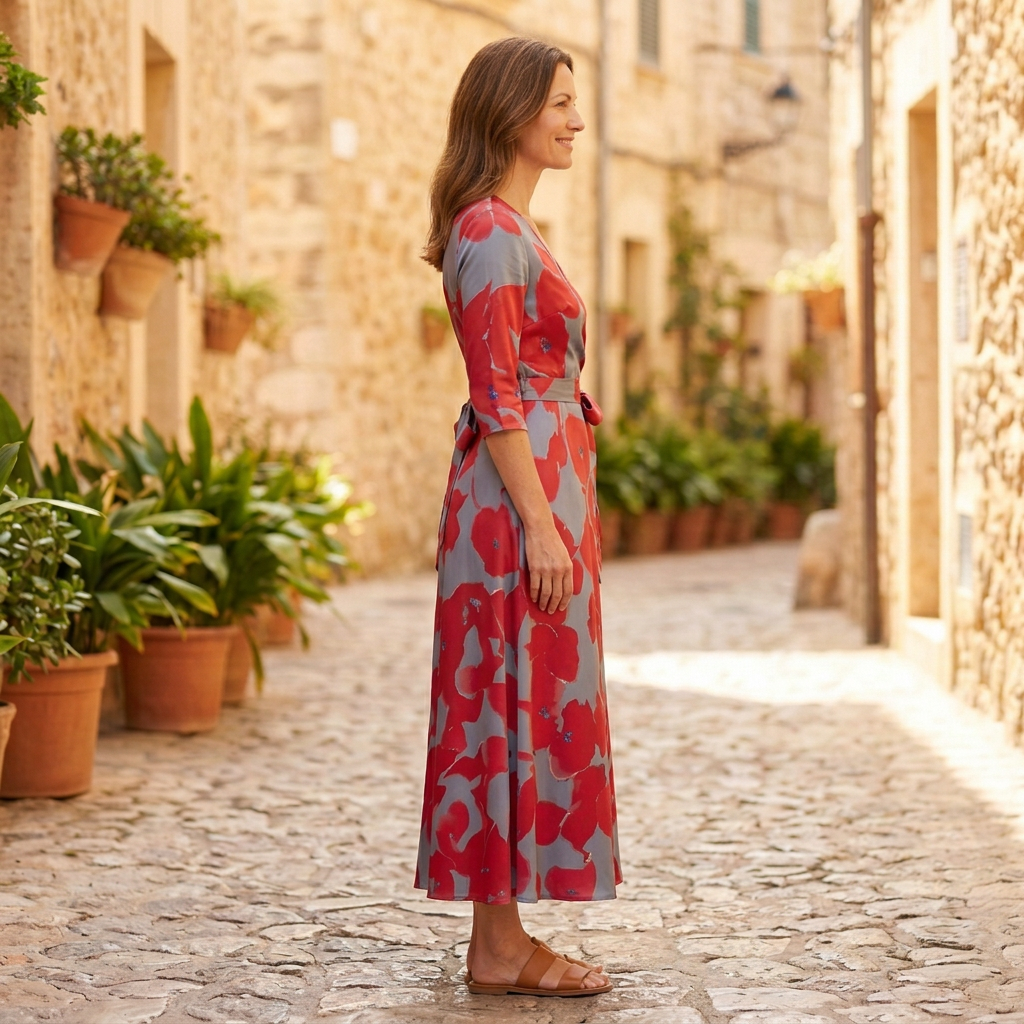 Women's Maxi Dress | Floral V-Neck Belted Wrap Red/Blue side view