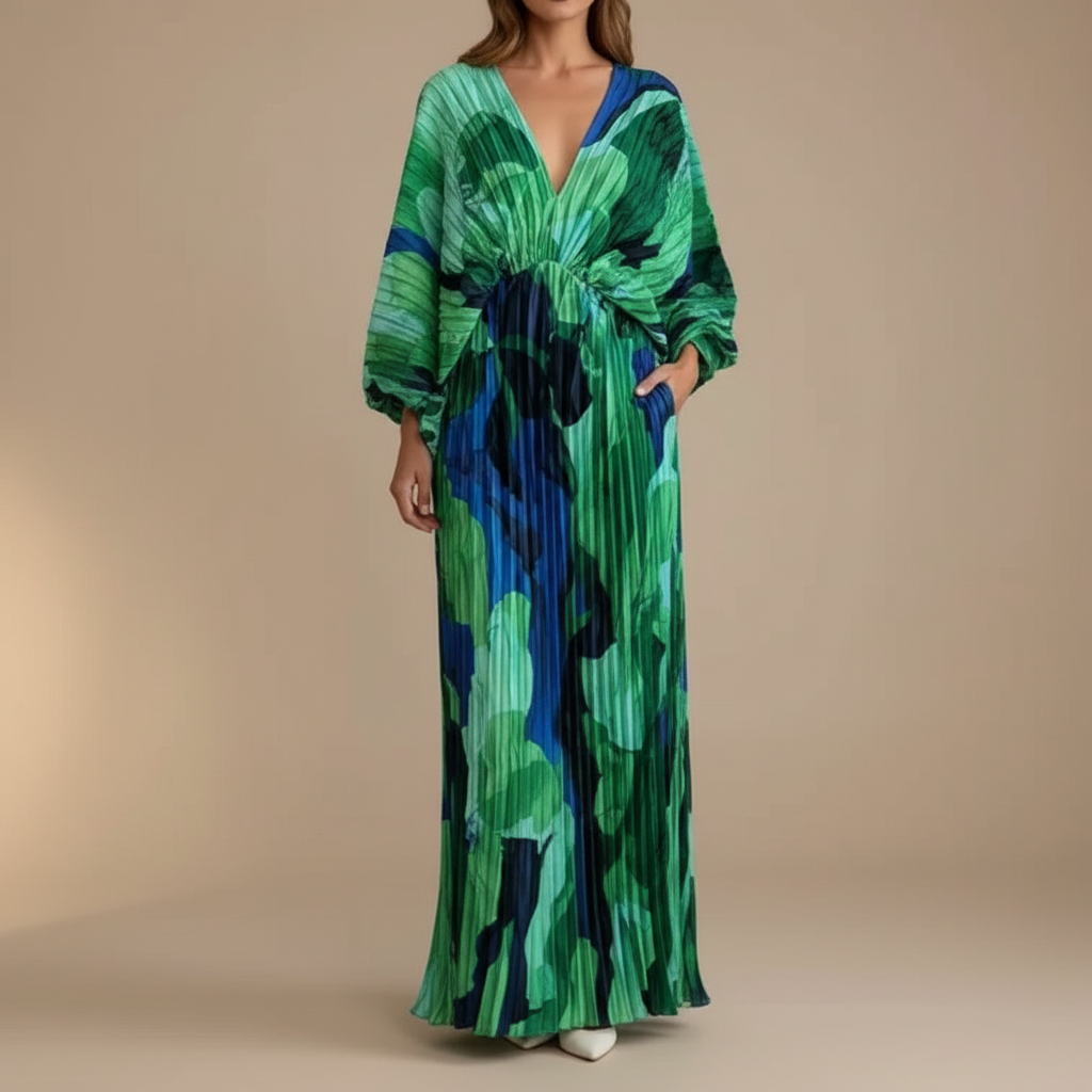 Green Floral Pleated Maxi Dress - V Neck Long Sleeve Green front view