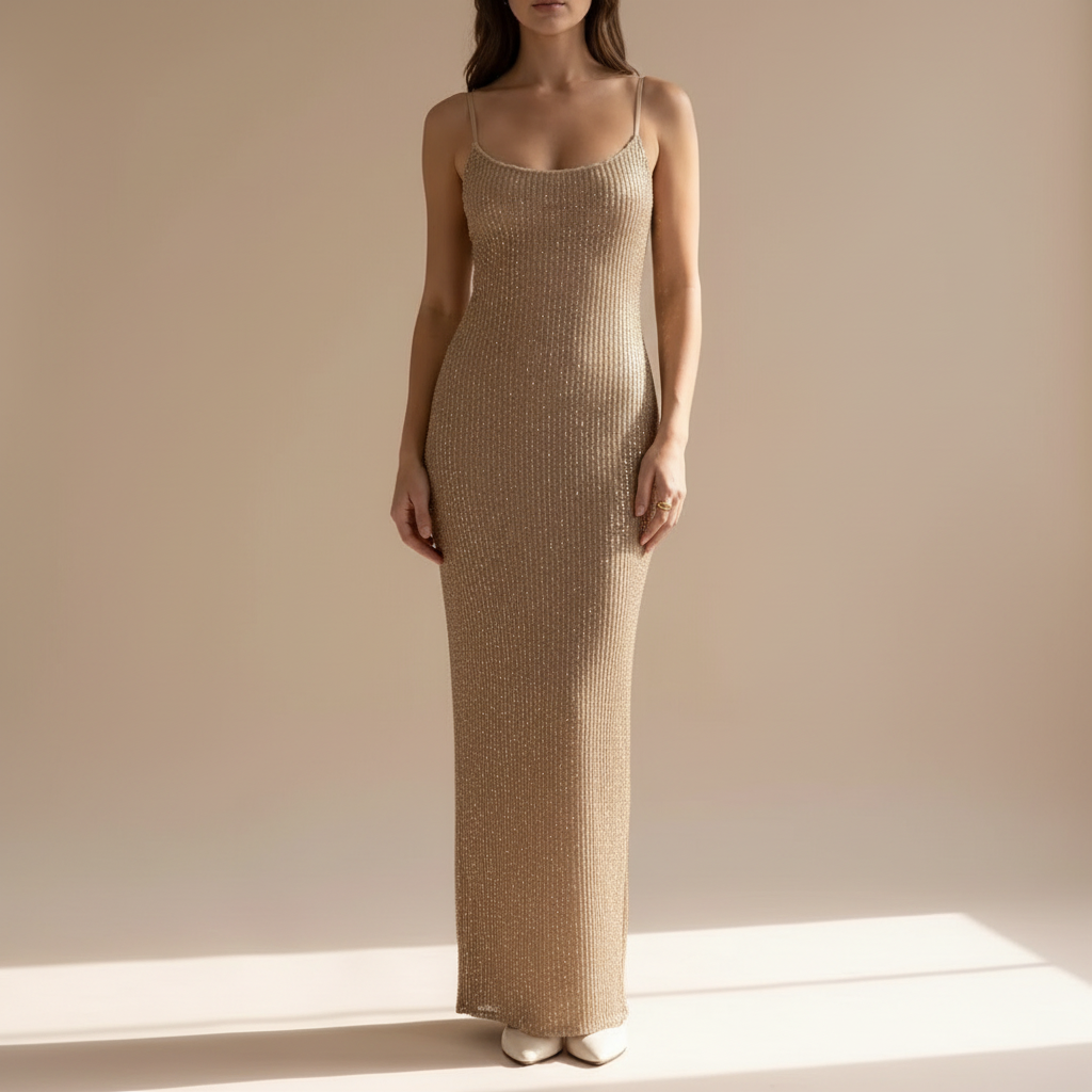 Glitter Bodycon Maxi Dress - Spaghetti Strap Prom Dress Apricot front view