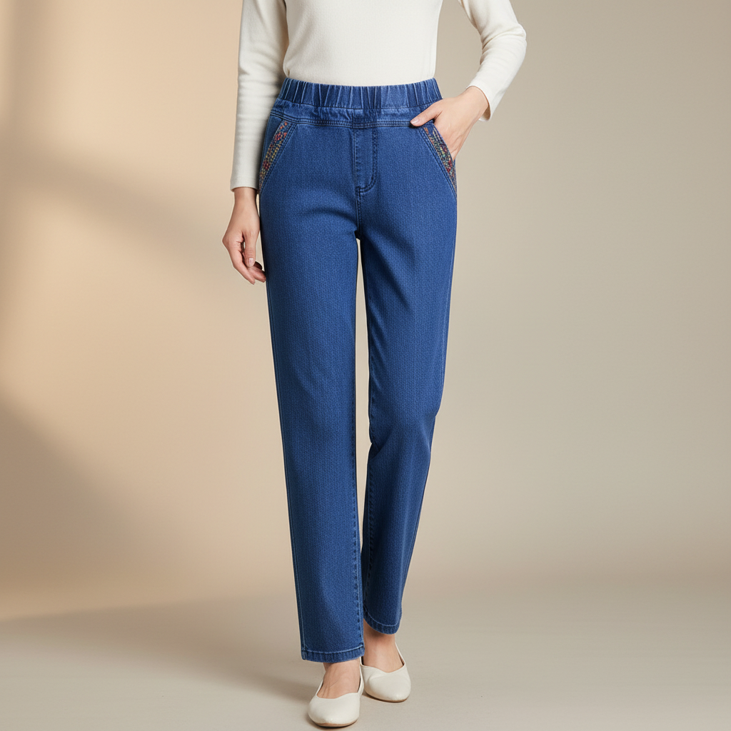 Elastic Waist Straight Jeans - Side Pockets Women's Blue front view