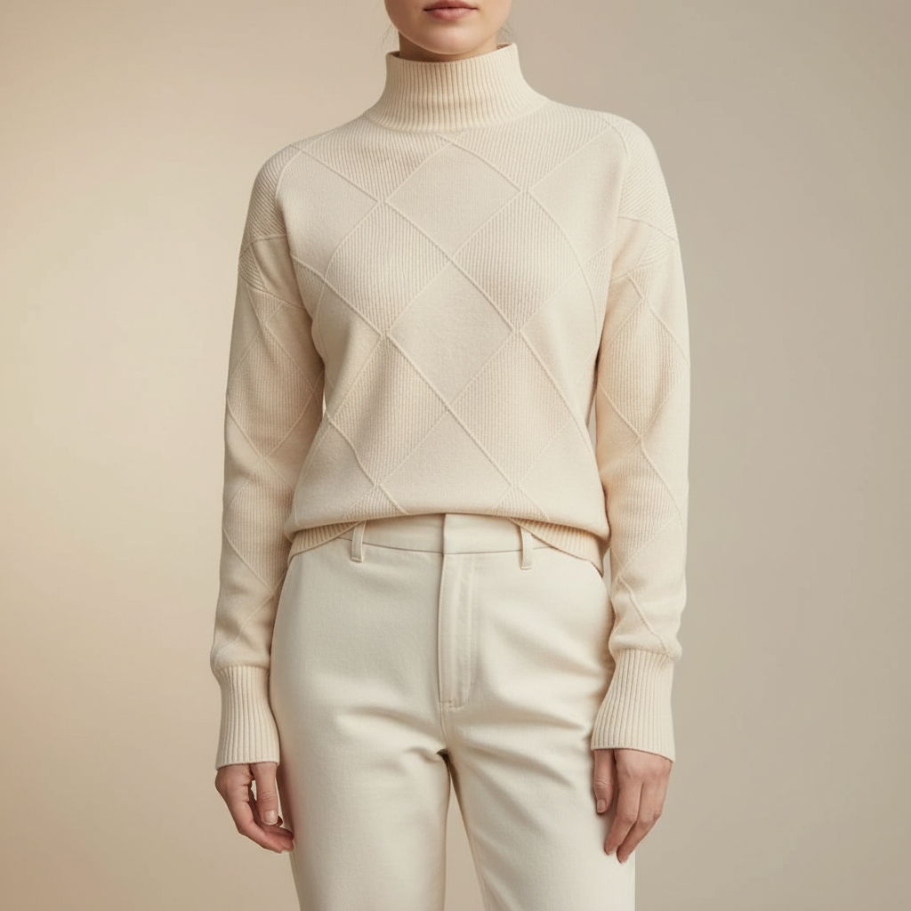Geometric Turtleneck Sweater - Cotton Blend Women's Beige front view