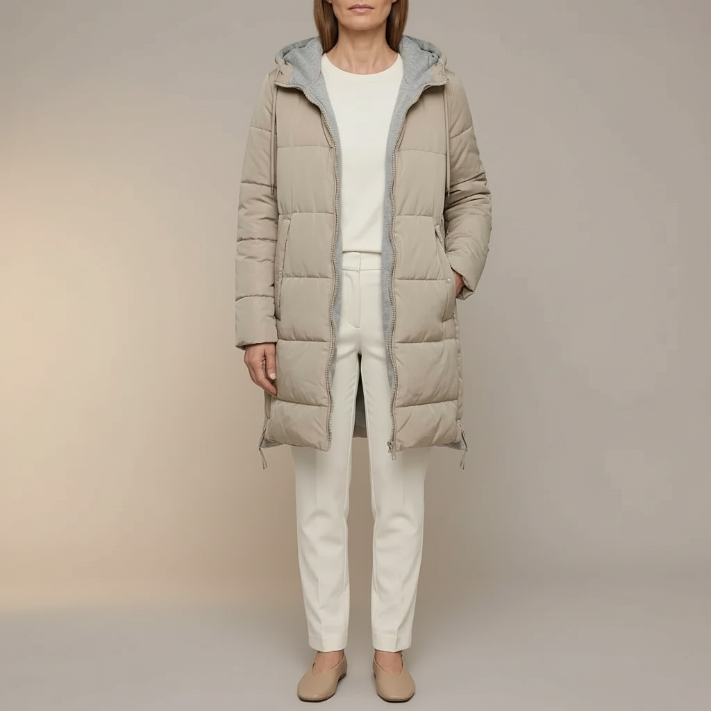 Longline Puffer Jacket - Quilted Hooded Zip Women's Coat Beige front view