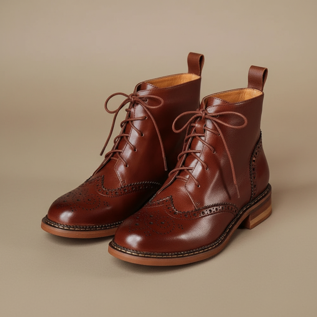 Leather Brogue Ankle Boots - Lace Up Women's Boots Brown front view