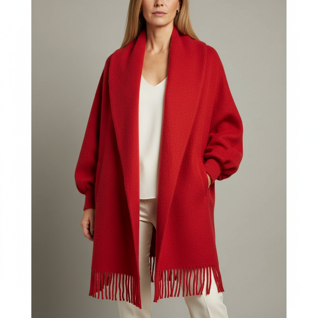 Shawl Collar Wool Coat - Open Front Fringe Women's Coat Red front view