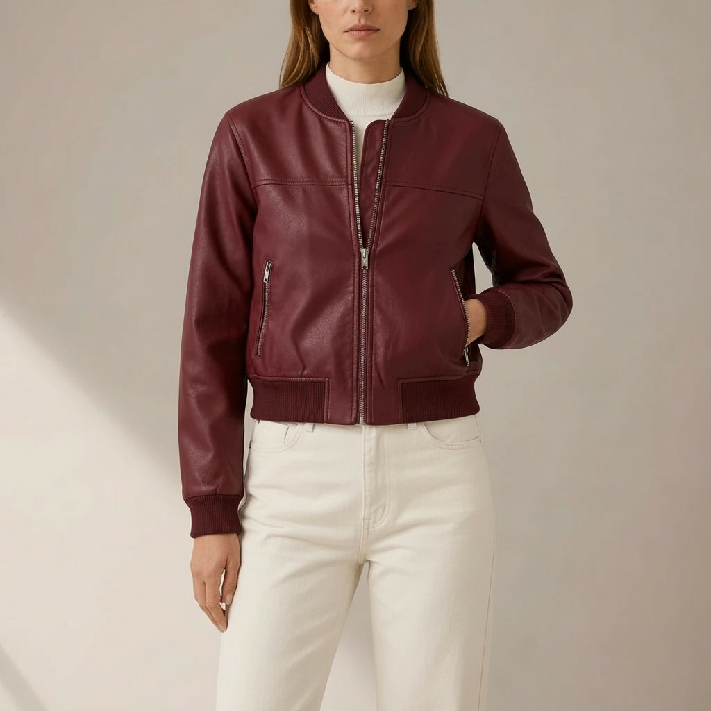 Cropped Leather Jacket - Collarless Zip Women's Jacket Red front view