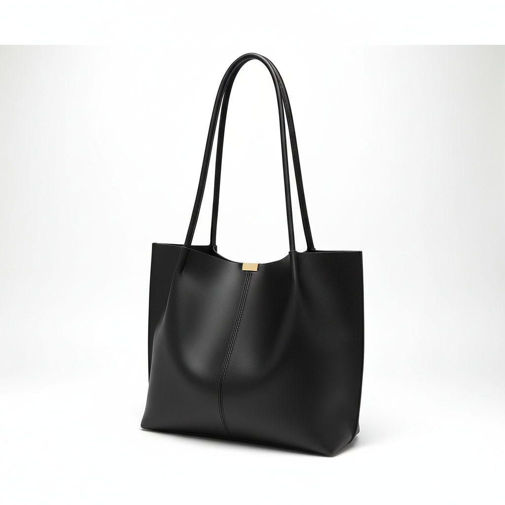 Minimalist Leather Tote Bag - Top Handle Women's Black front view