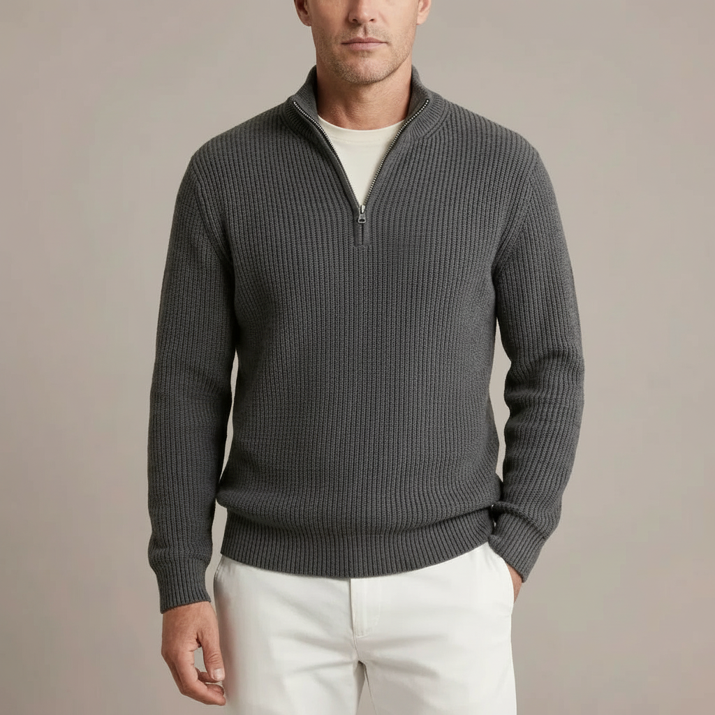Quarter Zip Ribbed Sweater - Stand Collar Men's Pullover Gray front view