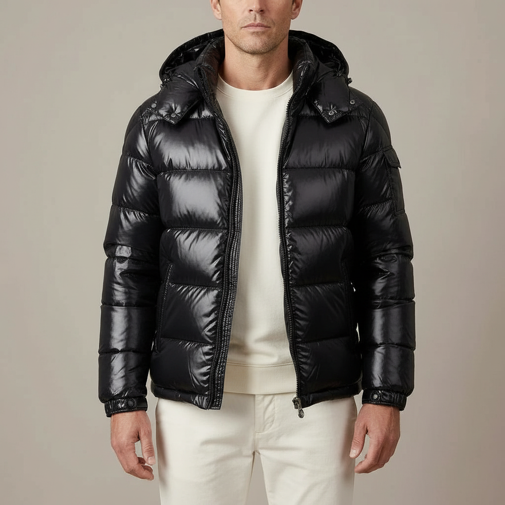 Glossy Quilted Hooded Jacket - Full Zip Men's Winter Jacket Black front view