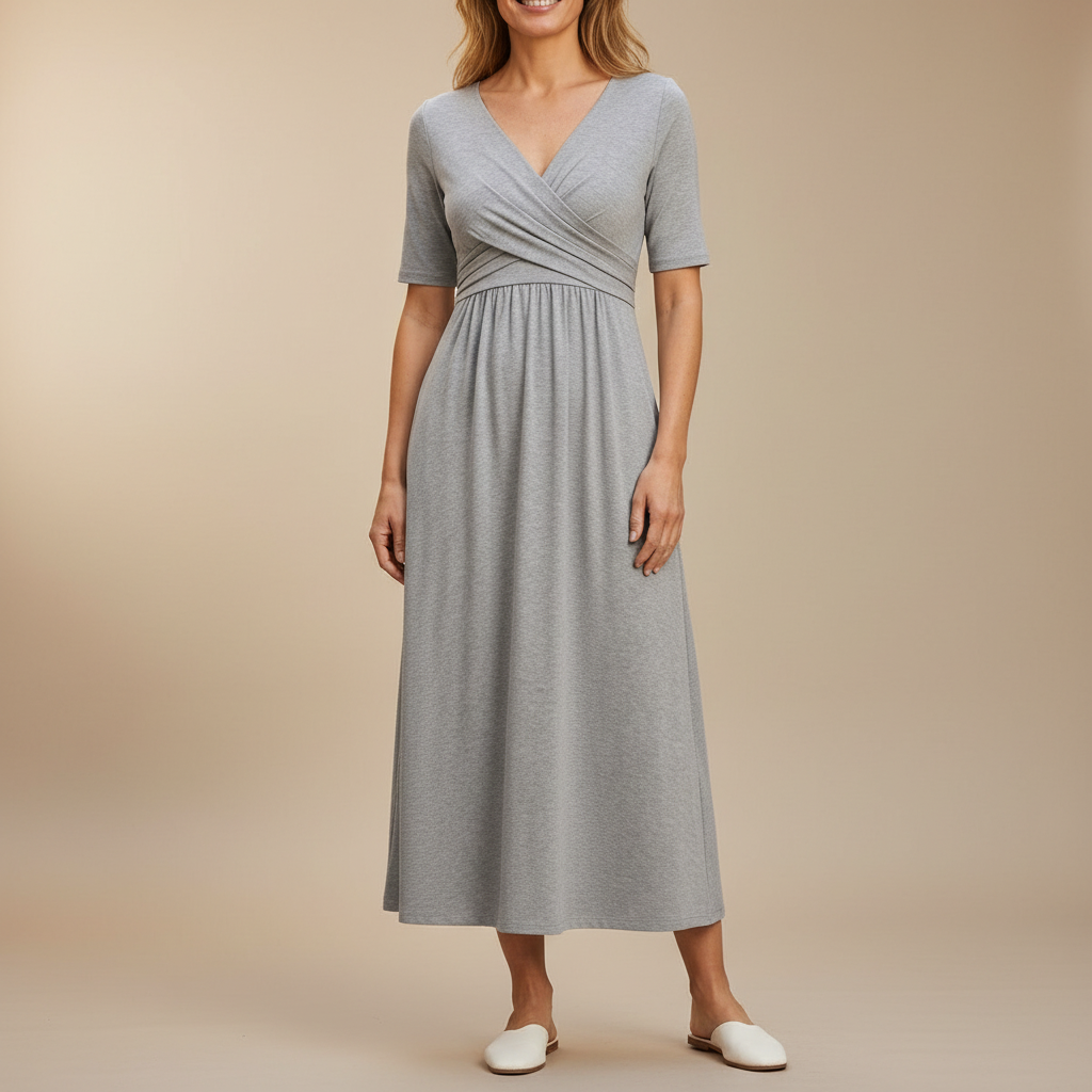 Crossover V Neck Midi Dress - Empire Waist Women's Dress Gray front view