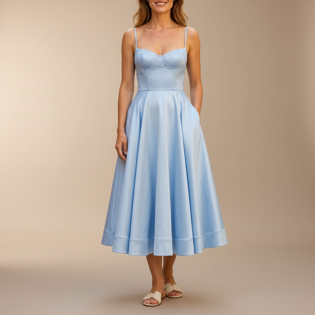 Satin Sweetheart Midi Dress - Lace Bustier Women's Dress Blue front view