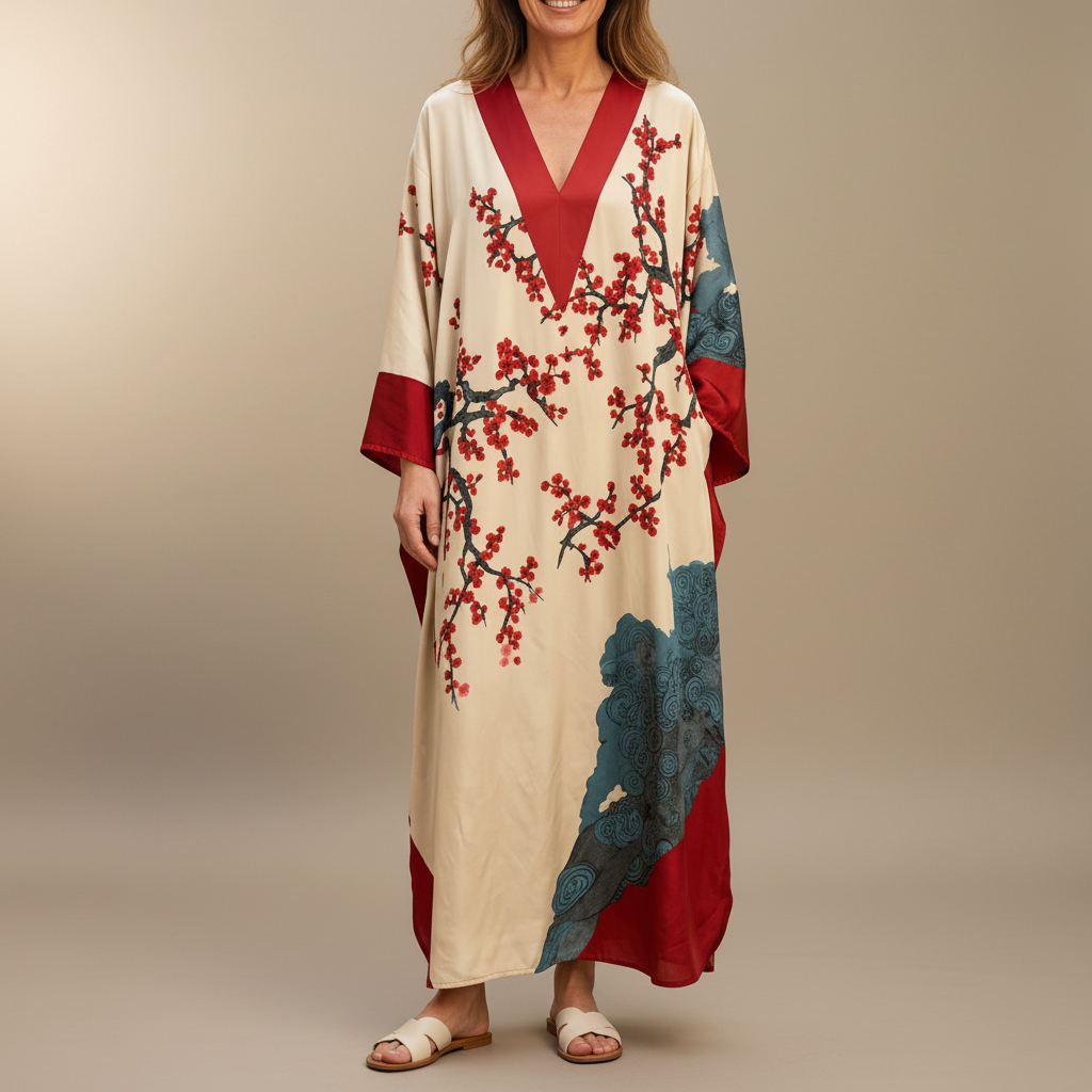 Red Floral Maxi Dress - Batwing V Neck Women's Dress Red front view