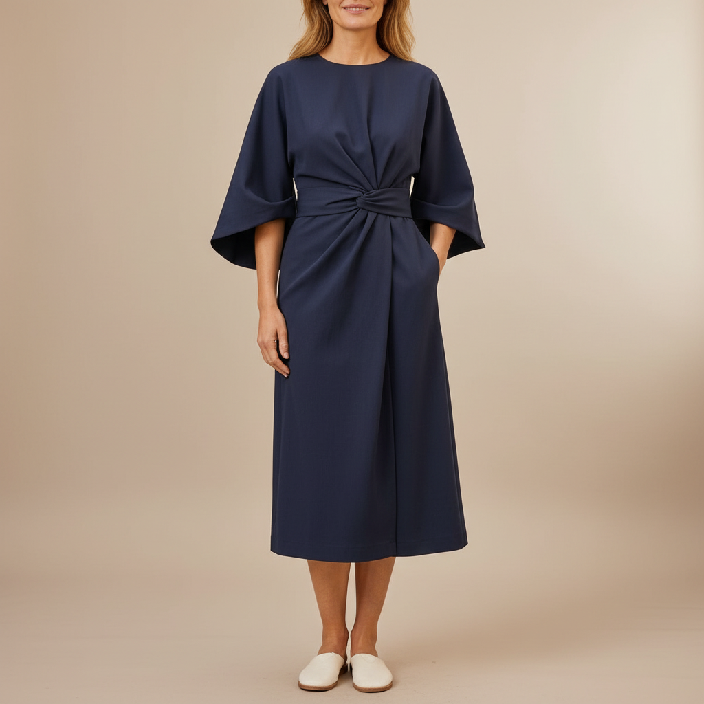 Belted Wrap Midi Dress - Lantern Sleeve Women's Dress Navy Blue front view