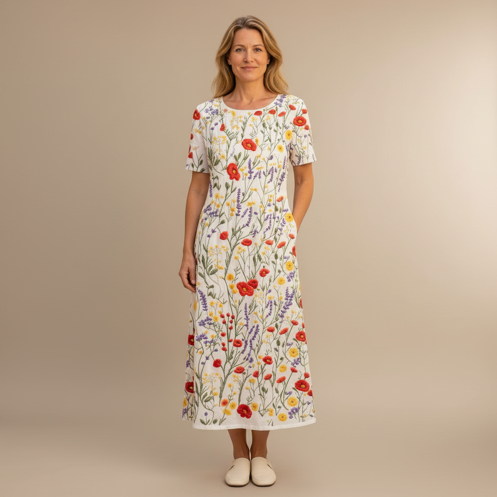 Floral Embroidered Midi Dress - Round Neck Women's Dress White front view