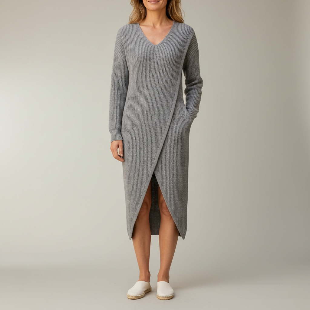 Ribbed Knit Midi Dress - Asymmetric Hem V Neck Women's Gray front view
