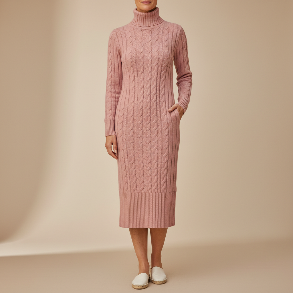 Cable Knit Turtleneck Midi Dress - Long Sleeve Women's Pink front view