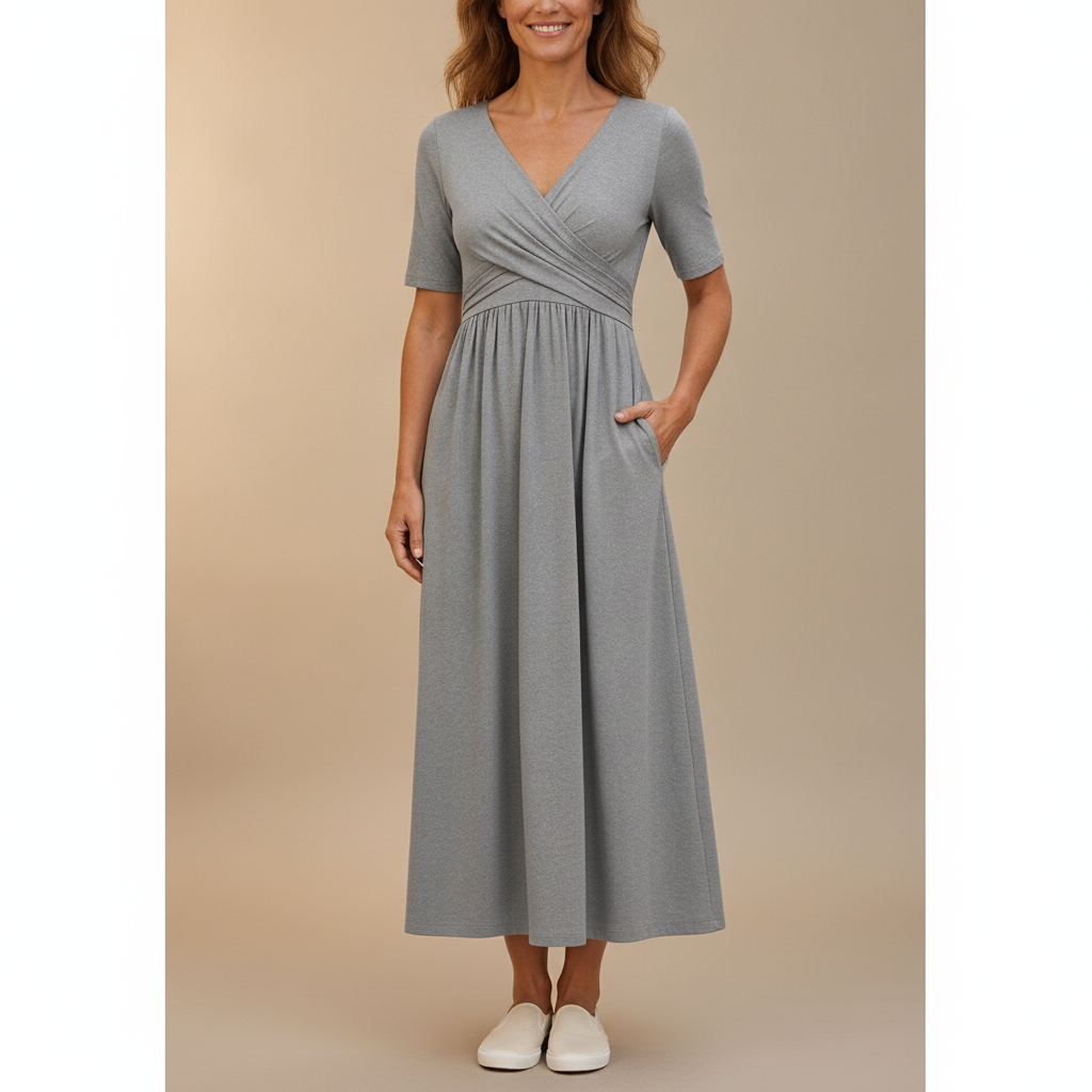 Wrap Midi Dress - Surplice V Neck Gathered Waist Women's Gray front view