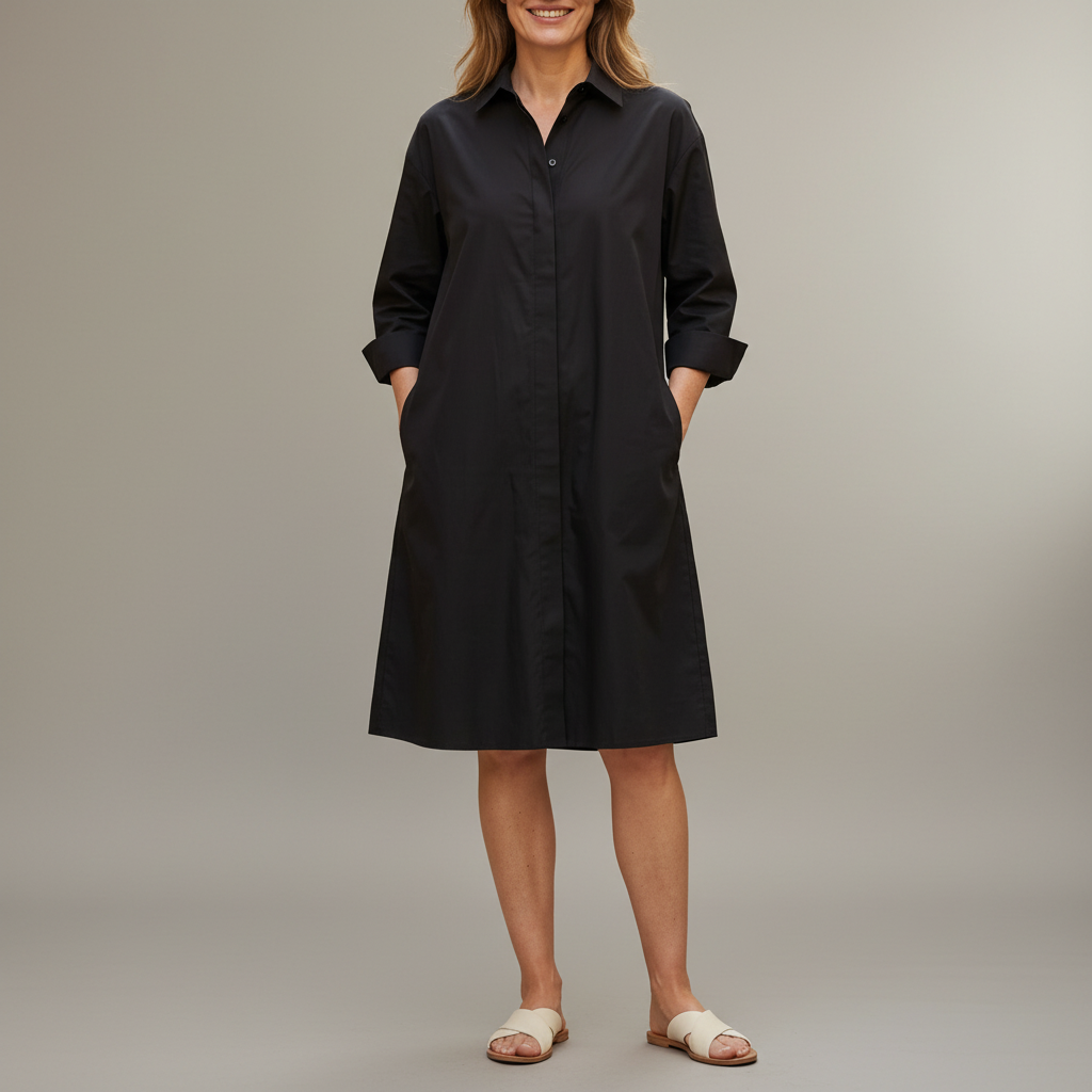 Button Up Shirt Midi Dress - Collared A Line Women's Dress Black front view