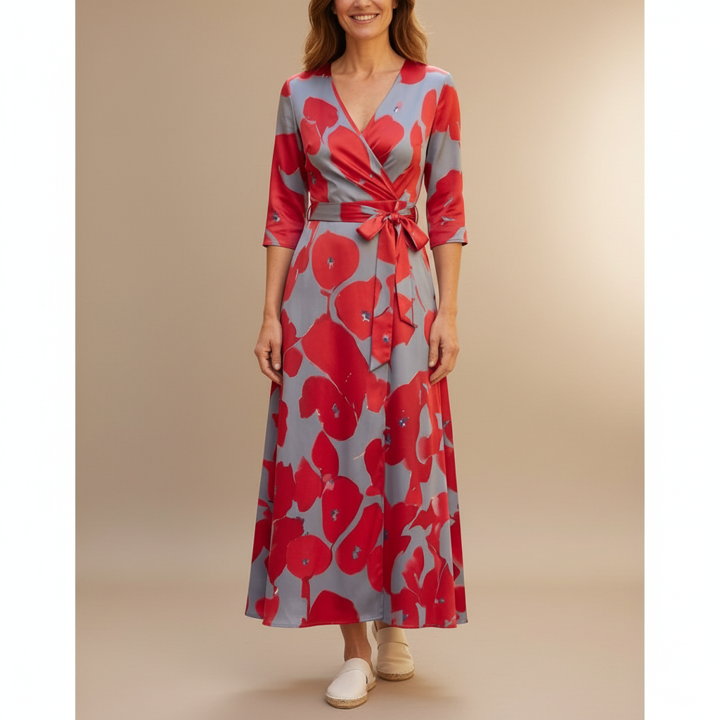 Floral Wrap Maxi Dress - V Neck Belted Women's Dress Red/Blue front view