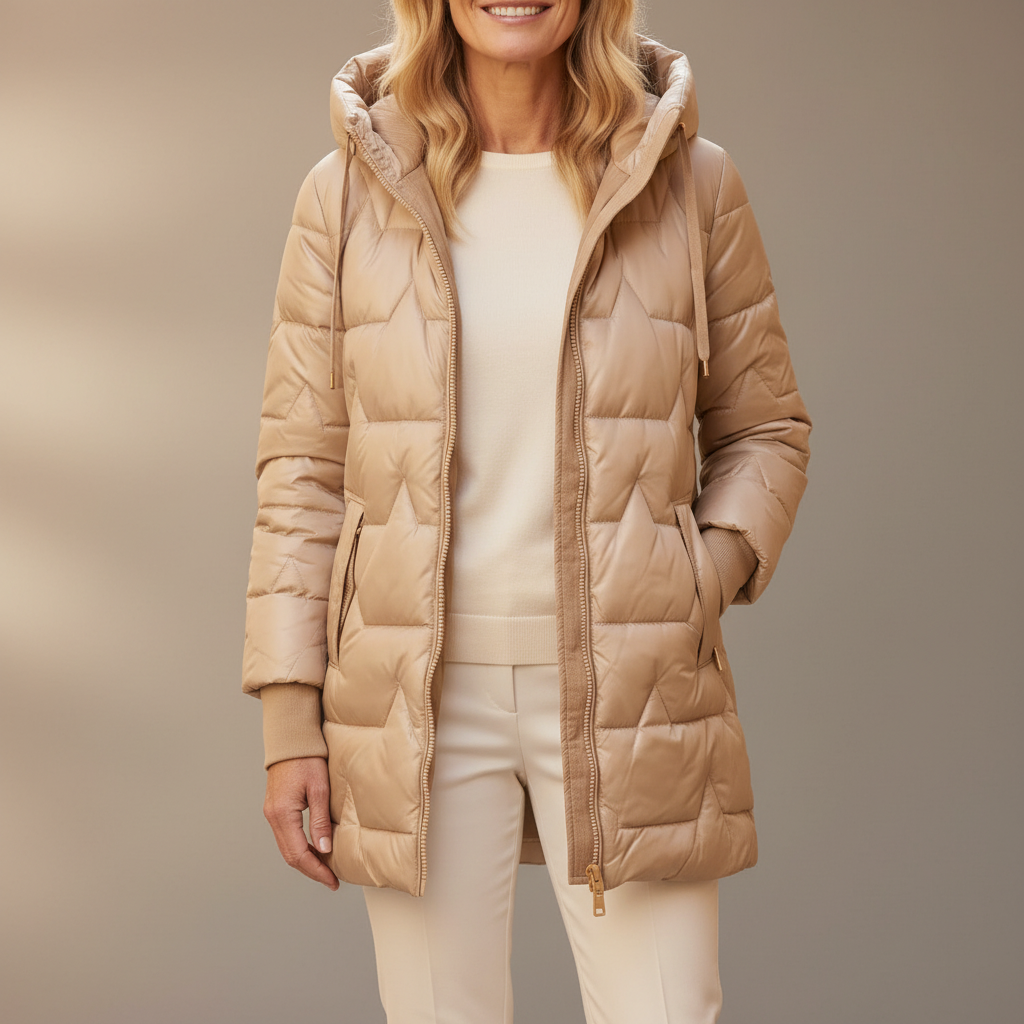 Diamond Quilted Hooded Jacket - Mid Thigh Women's Coat Beige front view
