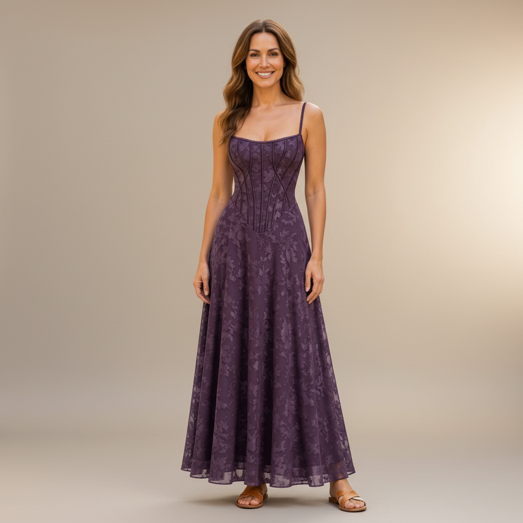 Floral Corset Maxi Dress - Spaghetti Strap Women's Dress Purple front view