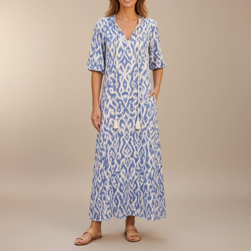 Boho Print Maxi Dress - Flutter Sleeve V Neck Women's Dress Blue front view