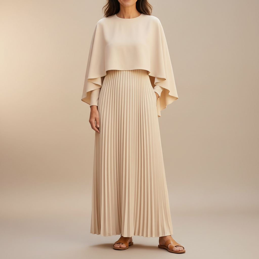 Pleated Cape Maxi Dress - Long Sleeve Women's Formal Dress Beige front view