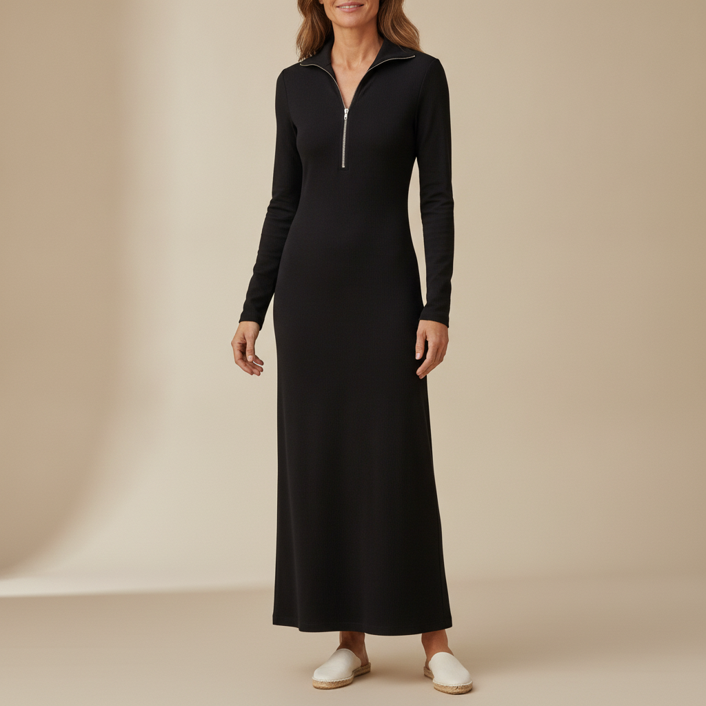 Bodycon Maxi Dress - Zip Stand Collar Long Sleeve Women's Black front view