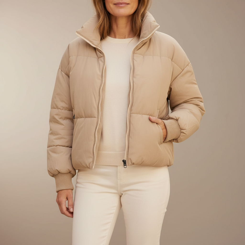 Cropped Puffer Jacket - Stand Collar Quilted Women's Jacket Khaki front view