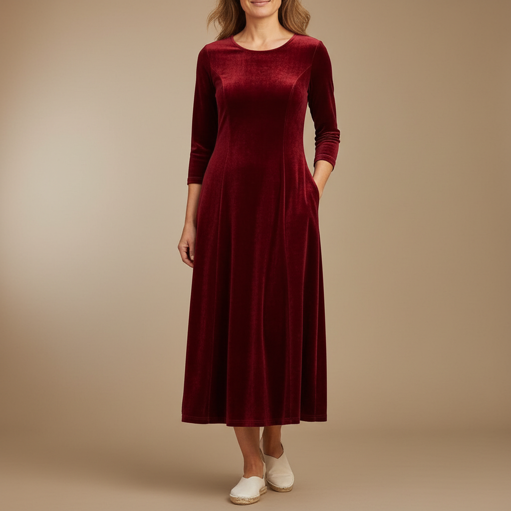 Velvet Maxi Dress - Long Sleeve Scoop Neck A Line Women's Red front view