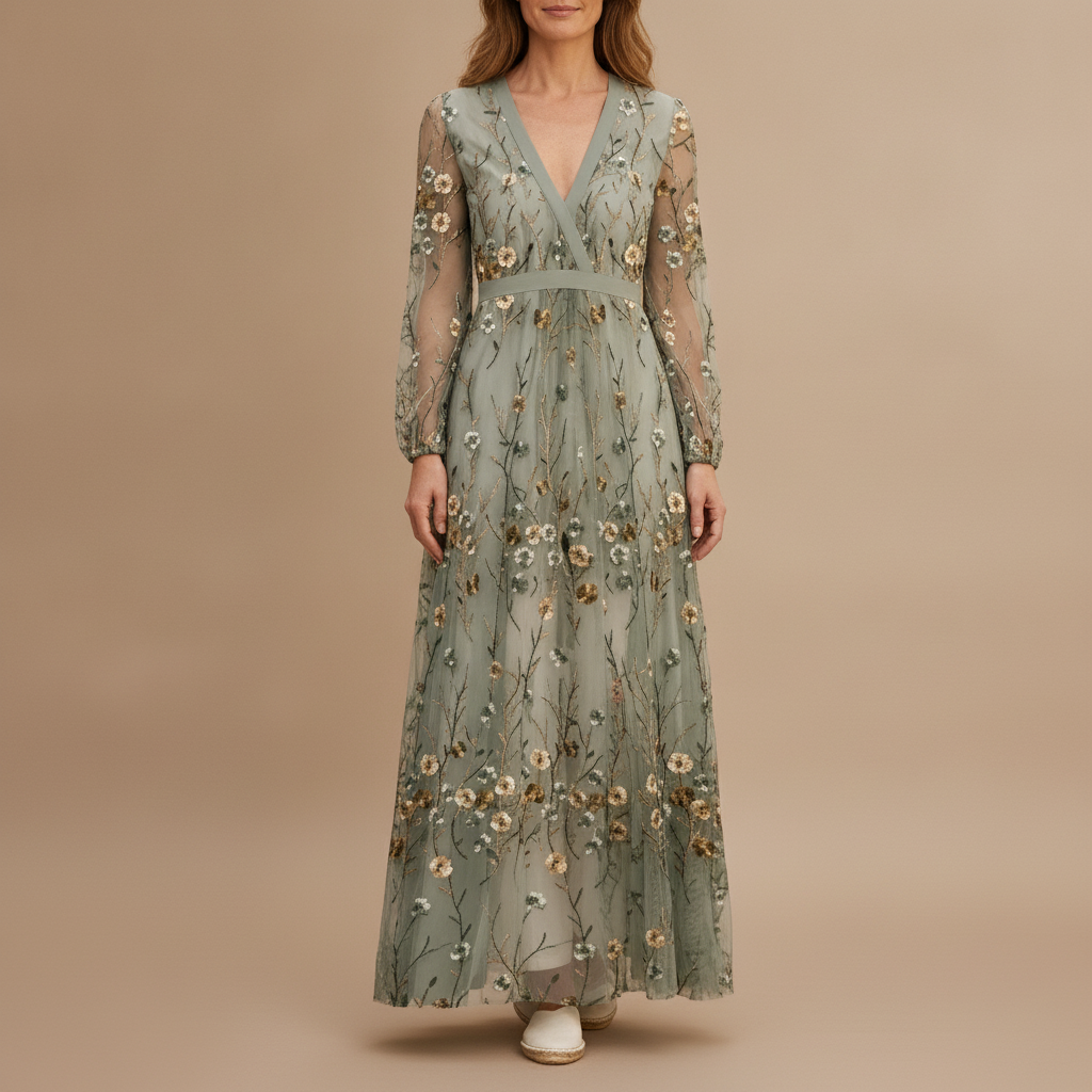 Floral Kimono Sleeve Maxi Dress - V Neck Women's Dress Blue front view