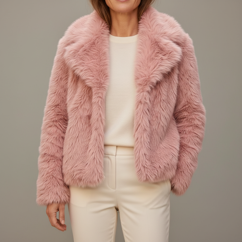 Cropped Faux Fur Jacket - Open Front Women's Winter Jacket Pink front view
