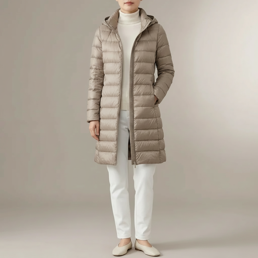 Long Hooded Puffer Coat - Quilted Women's Winter Jacket Champagne front view