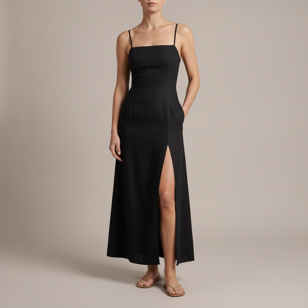 Halter Maxi Dress - Ruched High Slit Women's Evening Dress Black front view