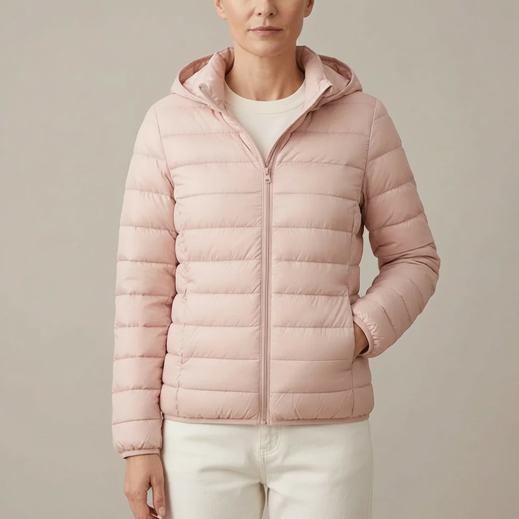 Lightweight Hooded Puffer Jacket - Zip Front Women's Jacket Dark Pink front view