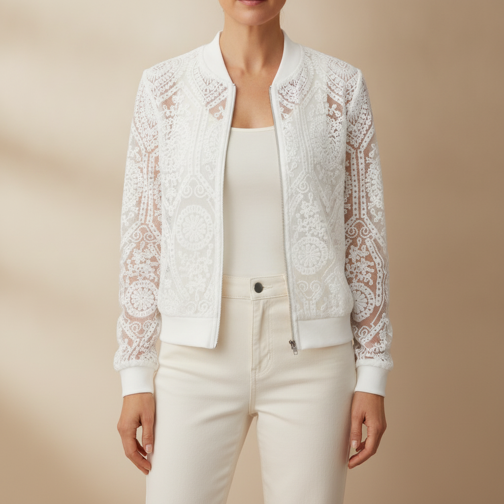 Lace Bomber Jacket - Ribbed Collar Zip Women's Jacket White jacket and white vest front view