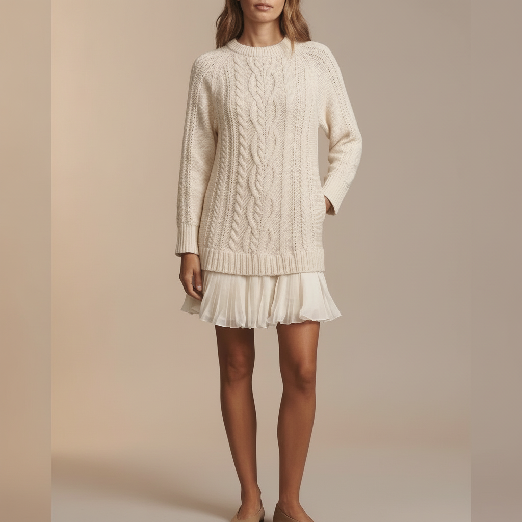 Cable Knit Mini Sweater Dress - Crew Neck Women's Dress Ivory front view