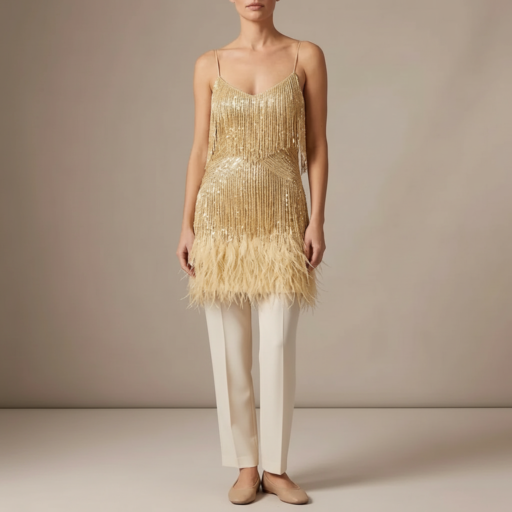 Sequin Fringe Slip Dress - Feather Trim Mini Women's Dress Gold front view