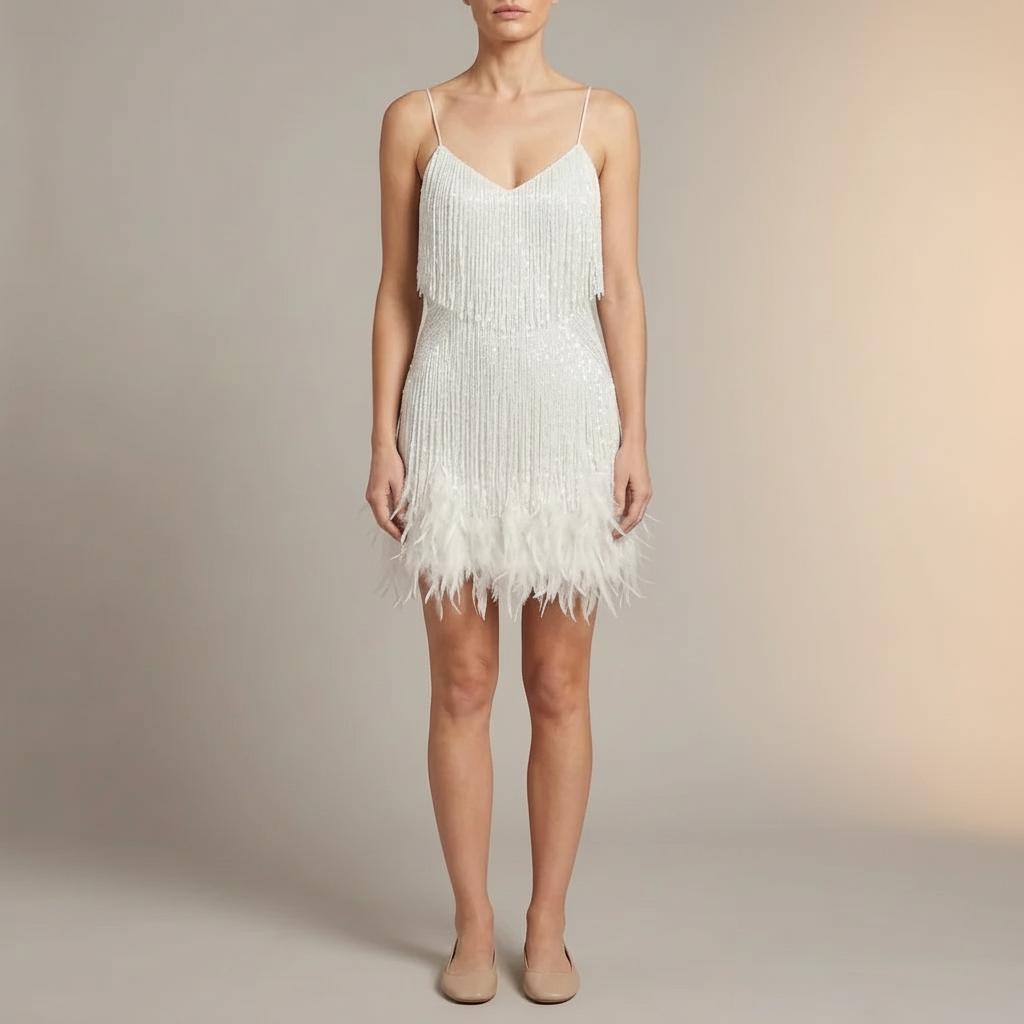 Beaded Fringe Mini Dress - Feather Hem Women's Party Dress White front view