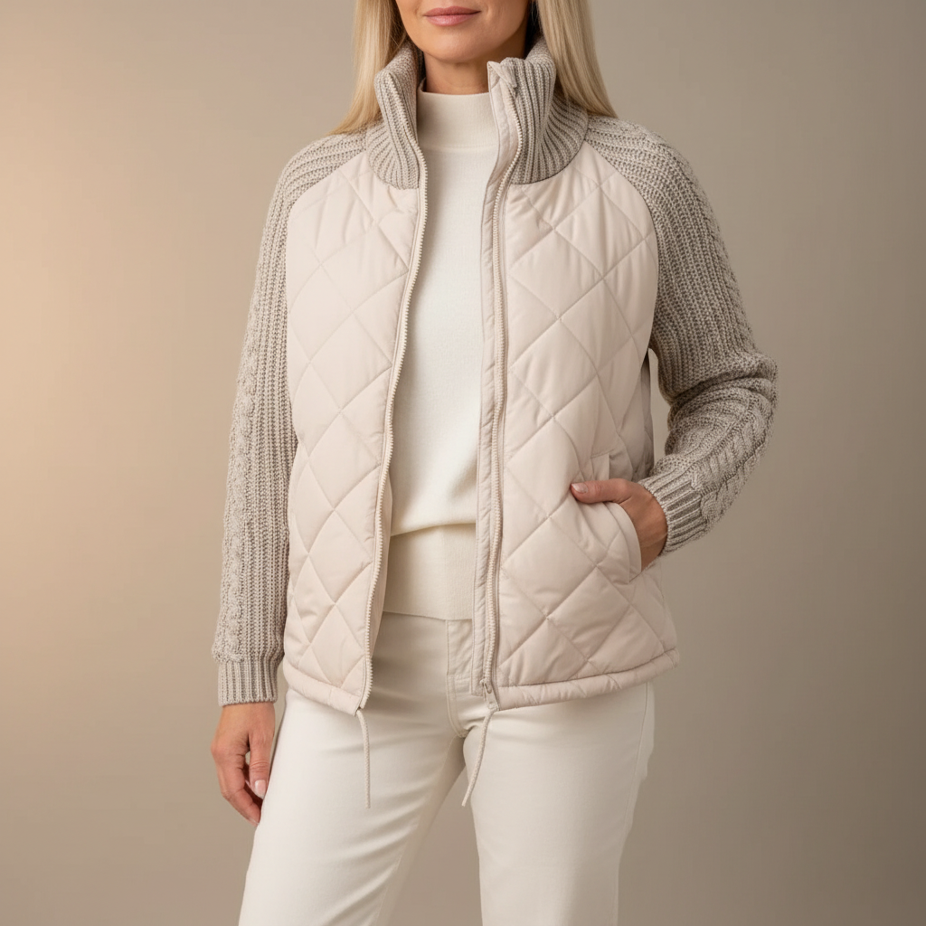 Quilted Knit Sleeve Puffer Jacket - High Collar Women's Khaki front view